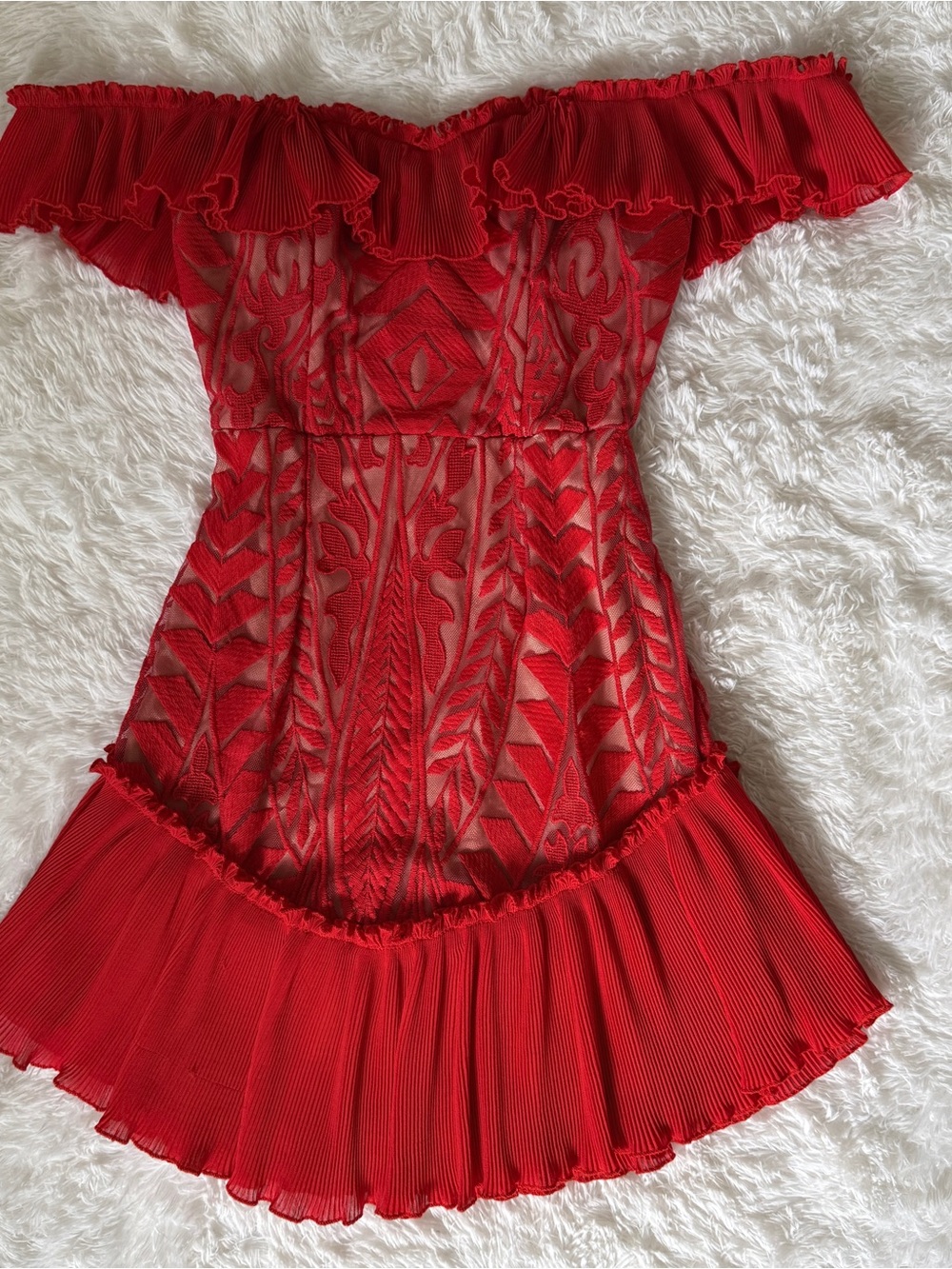 Red Off-Shoulder Ruffled Lace Mini Dress - Picture 9 of 9